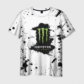 Мужская футболка 3D с принтом Monster energy брызги красок в городе Новоалтайск, 100% полиэфир | прямой крой, круглый вырез горловины, длина до линии бедер | 