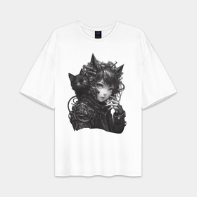 Женская футболка Oversize хлопок premium с принтом Девочка киберкошка с чёрным котёнком аниме в городе Новоалтайск,  |  | 
