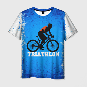 Мужская футболка 3D с принтом Triathlon на сине белом в городе Новоалтайск, 100% полиэфир | прямой крой, круглый вырез горловины, длина до линии бедер | 