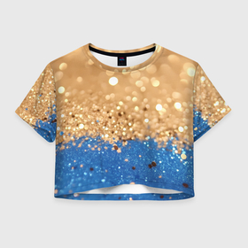 Женская футболка Crop-top 3D с принтом Золотистые блестки и синий низ в городе Новоалтайск, 100% полиэстер | круглая горловина, длина футболки до линии талии, рукава с отворотами | 