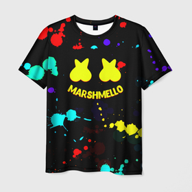 Мужская футболка 3D с принтом Marshmello краски цветные в городе Новоалтайск, 100% полиэфир | прямой крой, круглый вырез горловины, длина до линии бедер | 
