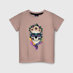 Детская футболка хлопок с принтом The skull in flowers , 100% хлопок | круглый вырез горловины, полуприлегающий силуэт, длина до линии бедер | Тематика изображения на принте: 