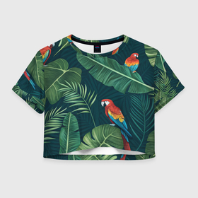 Женская футболка Crop-top 3D с принтом Тропики и попугаи в Ухте, 100% полиэстер | круглая горловина, длина футболки до линии талии, рукава с отворотами | 