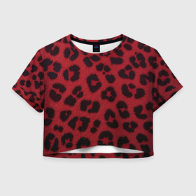 Женская футболка Crop-top 3D с принтом Черные леопардовые пятна на красном в Рязани, 100% полиэстер | круглая горловина, длина футболки до линии талии, рукава с отворотами | 