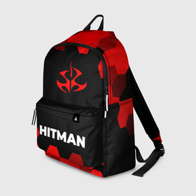 Рюкзак 3D с принтом Hitman   red gradient по центру в Ухте, 100% полиэстер | лямки с регулируемой длиной, сверху петелька, чтобы рюкзак можно было повесить на вешалку. Основное отделение закрывается на молнию, как и внешний карман. Внутри два дополнительных кармана, один из которых закрывается на молнию. По бокам два дополнительных кармашка | 