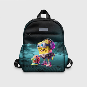 Детский рюкзак 3D с принтом Sponge Bob and snail Gary   ai art  fantasy в городе Новоалтайск, 100% полиэстер | лямки с регулируемой длиной, сверху петелька, чтобы рюкзак можно было повесить на вешалку. Основное отделение закрывается на молнию, как и внешний карман. Внутри дополнительный карман. По бокам два дополнительных кармашка | 