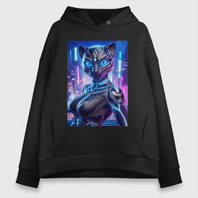 Женское худи Oversize хлопок с принтом Cyber panter girl   ai art fantasy в городе Новоалтайск, френч-терри — 70% хлопок, 30% полиэстер. Мягкий теплый начес внутри —100% хлопок | боковые карманы, эластичные манжеты и нижняя кромка, капюшон на магнитной кнопке | 