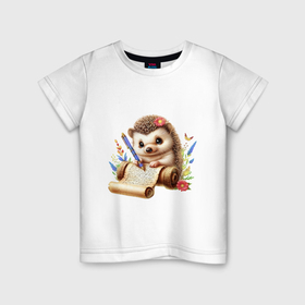 Детская футболка хлопок с принтом Милая поэтесса Ёжик в городе Новоалтайск, 100% хлопок | круглый вырез горловины, полуприлегающий силуэт, длина до линии бедер | 