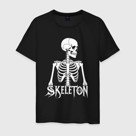 Мужская футболка хлопок с принтом Скелет с надписью skeleton в Курске, 100% хлопок | прямой крой, круглый вырез горловины, длина до линии бедер, слегка спущенное плечо. | 