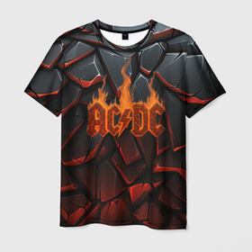 Мужская футболка 3D с принтом ACDC огненный лого на камнях в городе Новоалтайск, 100% полиэфир | прямой крой, круглый вырез горловины, длина до линии бедер | 