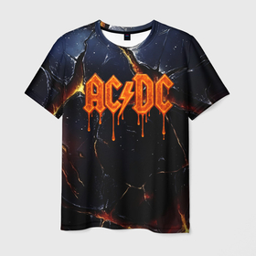 Мужская футболка 3D с принтом ACDC лого из лавы на треснутой текстуре в городе Новоалтайск, 100% полиэфир | прямой крой, круглый вырез горловины, длина до линии бедер | 