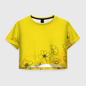 Женская футболка Crop-top 3D Контурные цветы на ярко желтом: в Ухте, 100% полиэстер | круглая горловина, длина футболки до линии талии, рукава с отворотами |